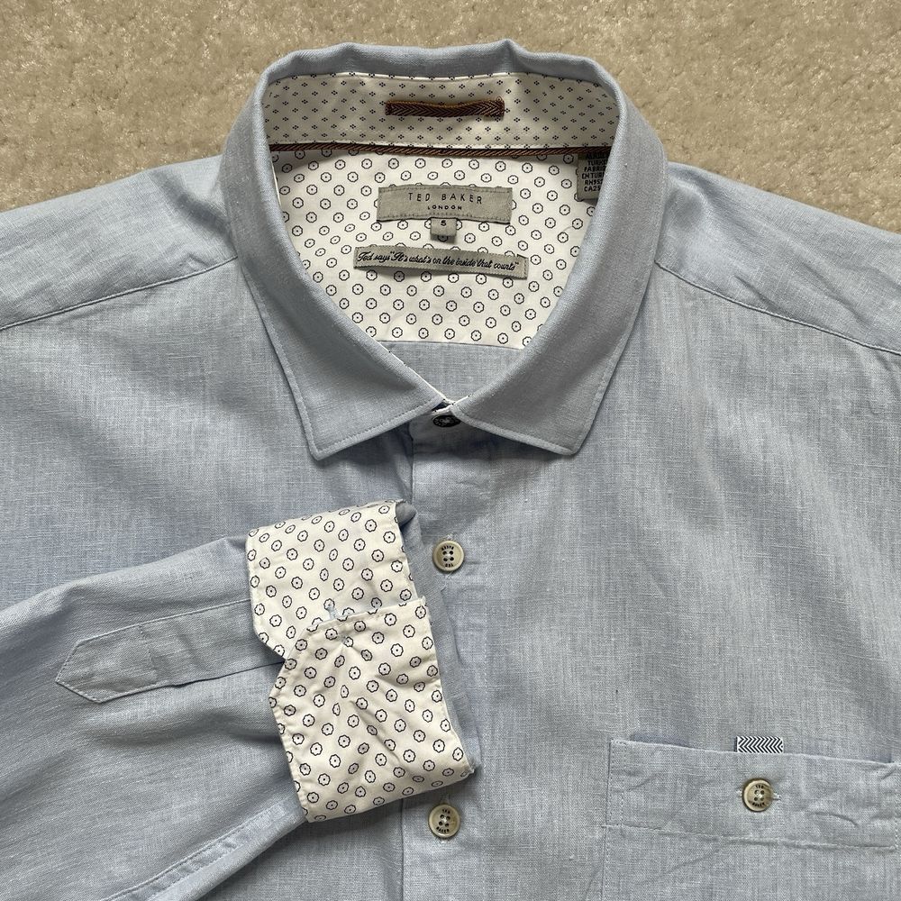 TED BAKER Notip Button-up Linen Blend Shirt Men's 5 Blue Flip Cuff